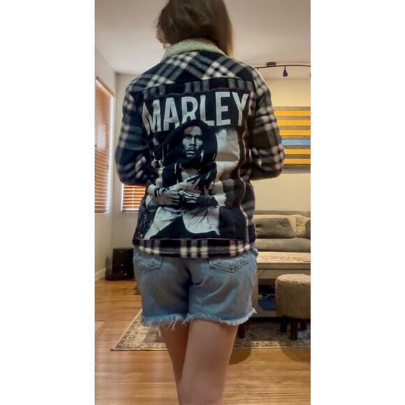 BOB MARLEY Upcycled Plaid Flannel Shacket Retro Vintage Fleece 70s Jacket Sz XS - Picture 1 of 9